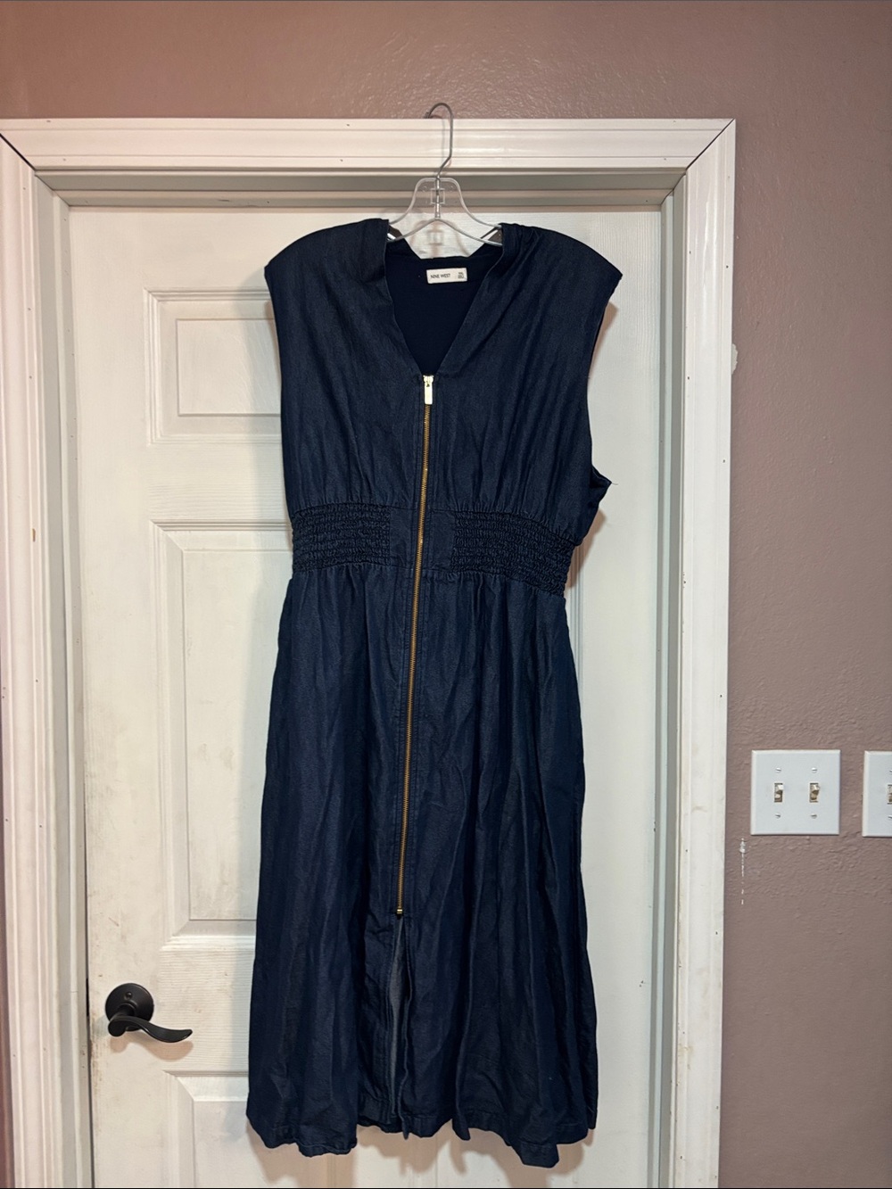 Nine West Navy Sleeveless Midi Dress with Gold Zip